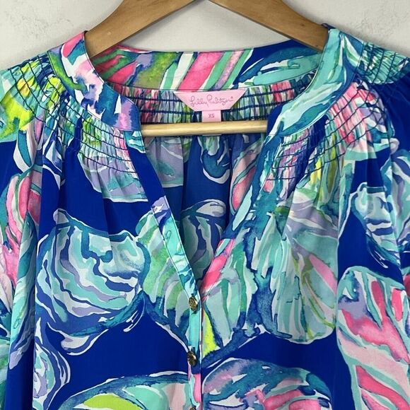Lilly Pulitzer Silk Floral Elsa Blouse Size XS Blue Pink Casa Del Sol - Picture 2 of 14